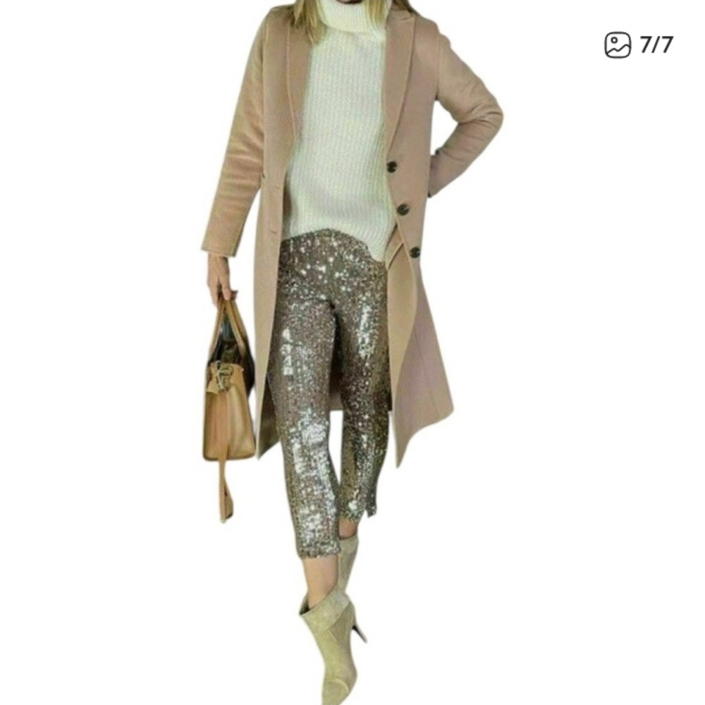 Zara Blogger Fave Sequined Pants High Waisted Party Celebration Date Night, Gold - Picture 2 of 8